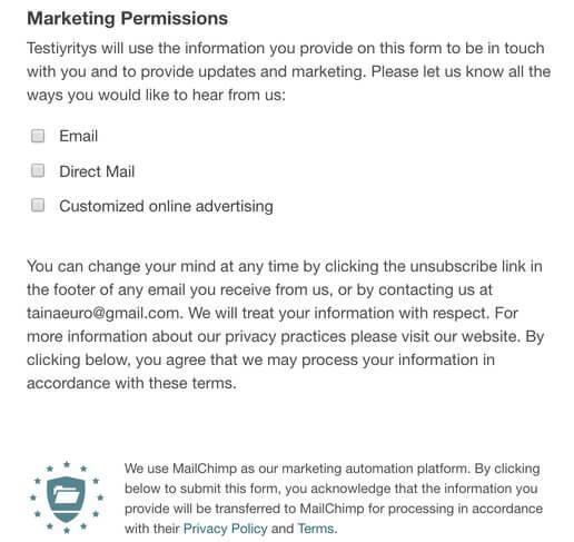 Mailchimp GDPR-lomake Oppila.fi