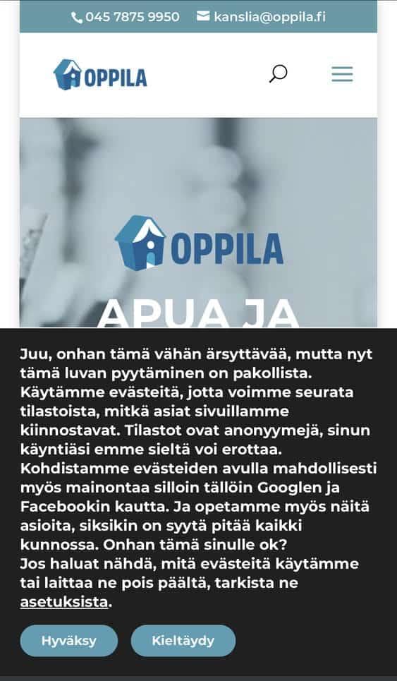 Oppilan evästeilmoitus mobiilissa